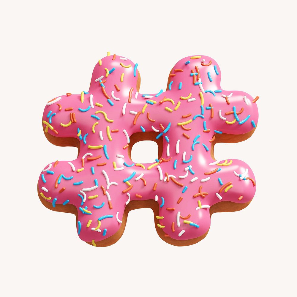 Hashtag icon, 3D pink donut illustration