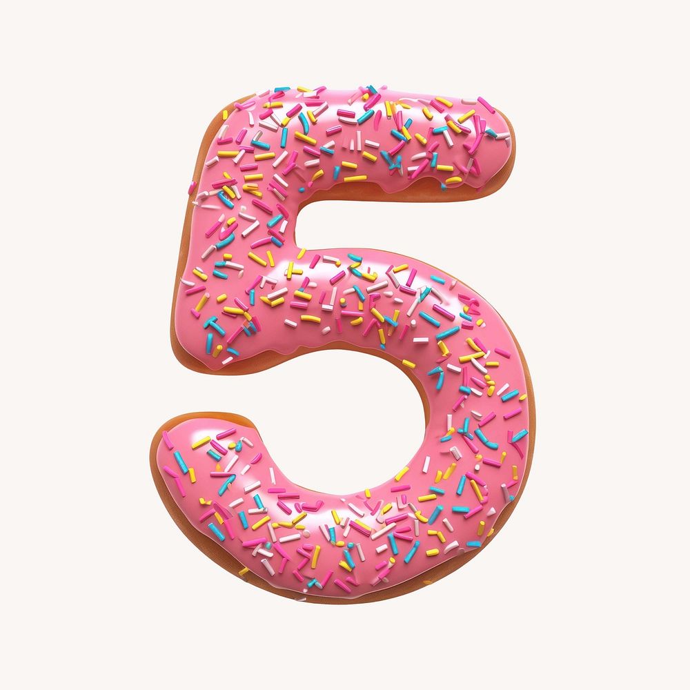 Number 5, 3D pink donut illustration