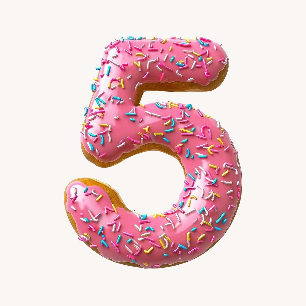 Number 5, 3D pink donut illustration