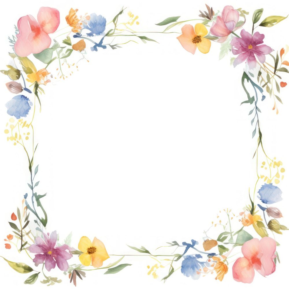 Little minimal little flower square border in watercolor style pattern wreath frame.