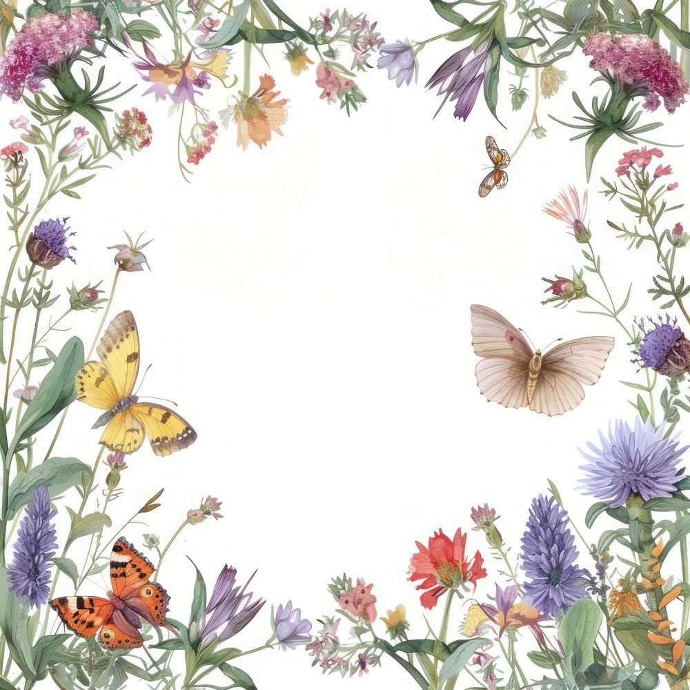 Flower butterfly square border pattern insect plant.