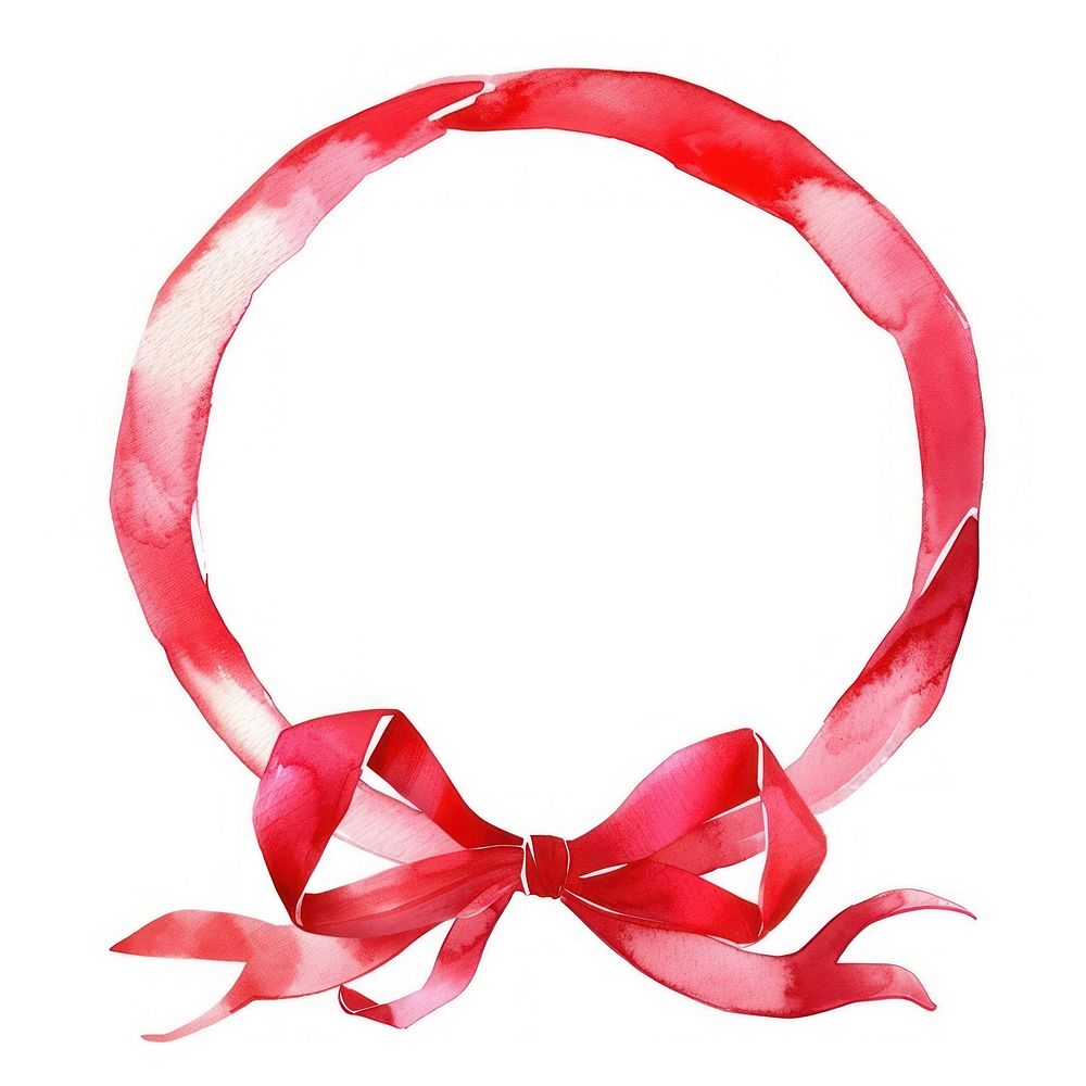 Red ribbon circle border wreath bow white background.