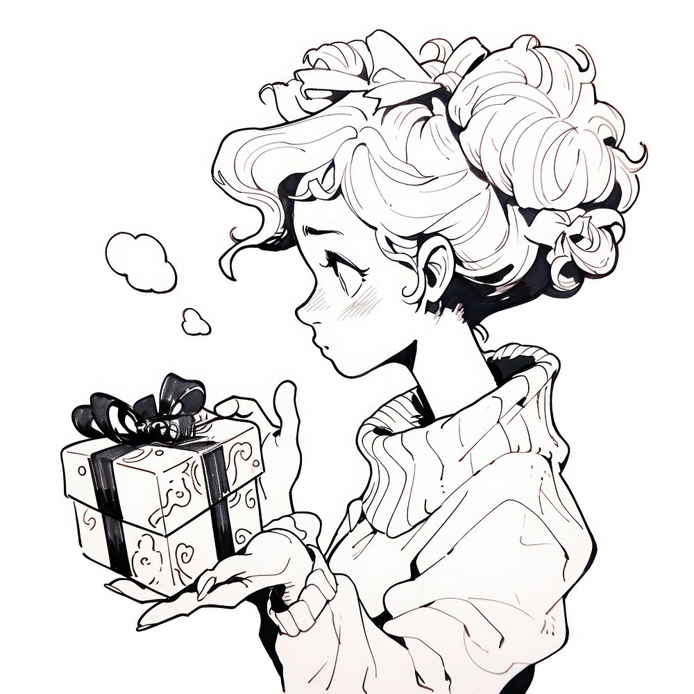 Illustration of a woman holding gift box sketch cartoon drawing.