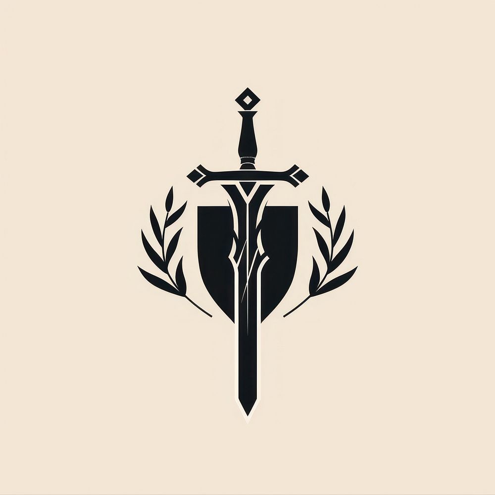 Black minimalist gaming sword and shield Knight Vintage logo design symbol cross weaponry.