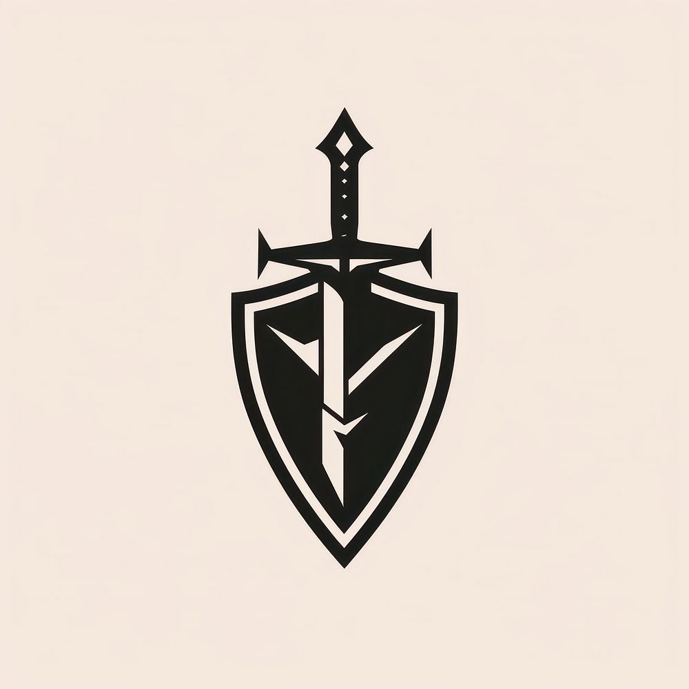 Black minimalist gaming sword and shield Knight Vintage logo design symbol weaponry metal.