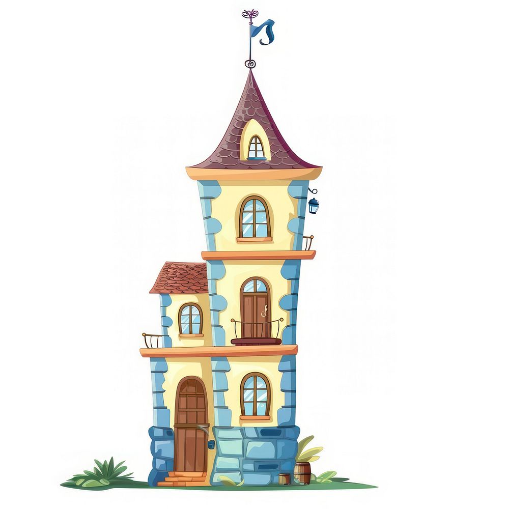 Cartoon of tower architecture building white background.