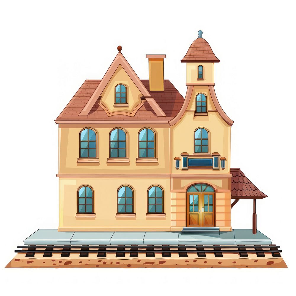 Cartoon of train station architecture building house.