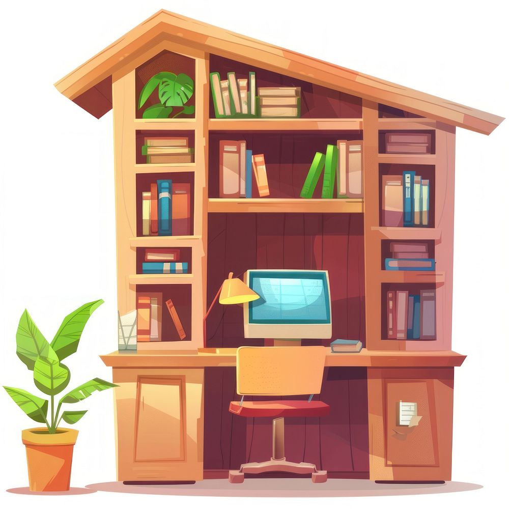 Cartoon of working space architecture furniture bookshelf.