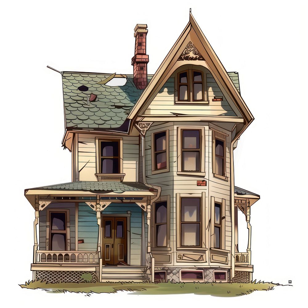 Cartoon of abandoned house architecture building farmhouse.
