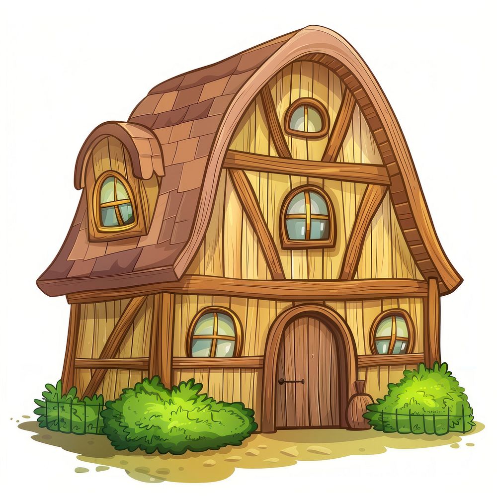 Cartoon of agricultural architecture building outdoors.