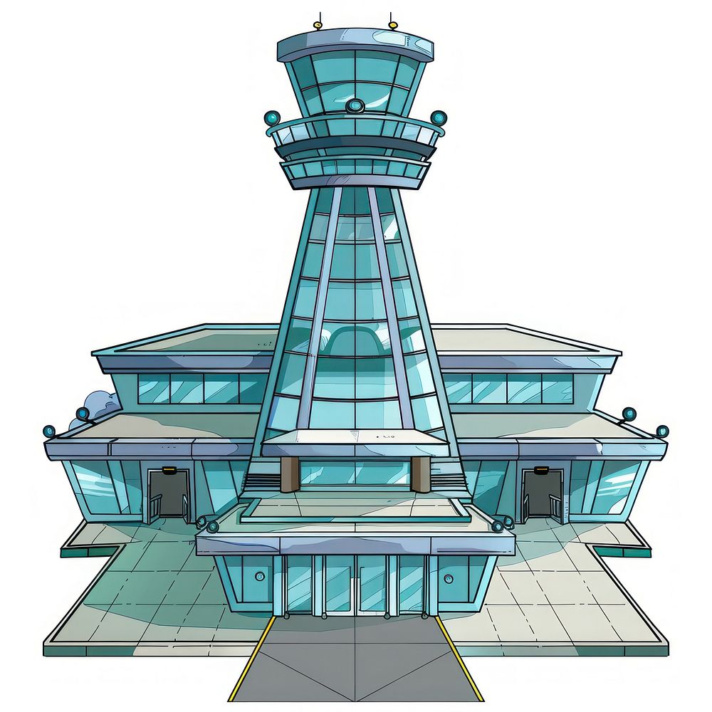 Cartoon of airport architecture building lighthouse.