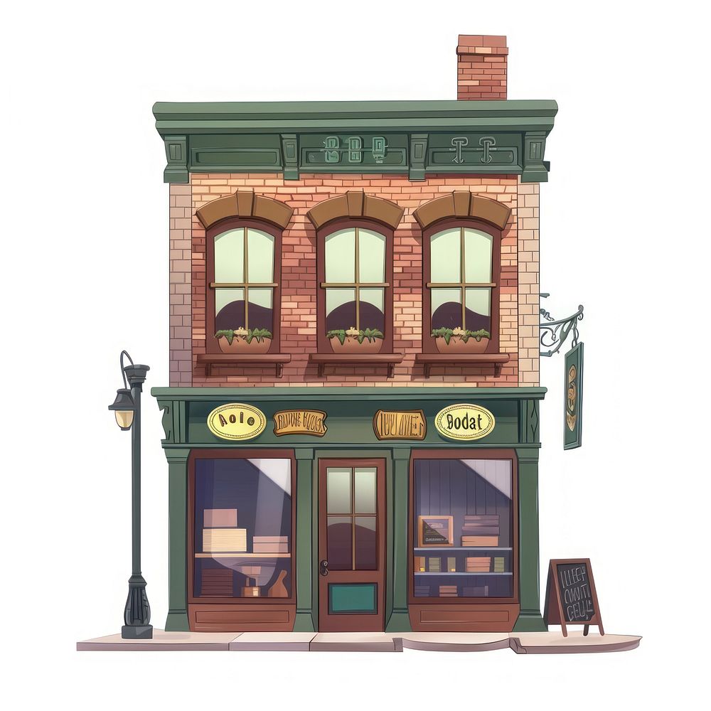 Cartoon of antique shop architecture building city.