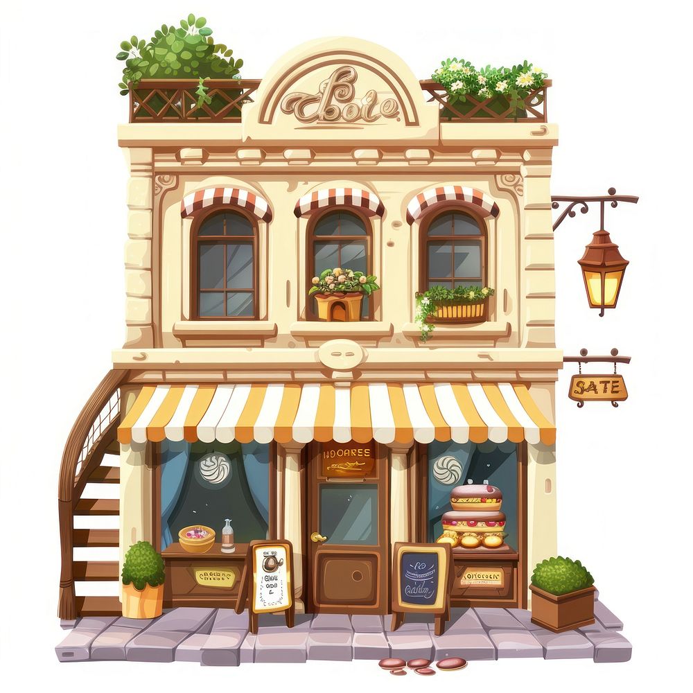 Cartoon of bakery shop architecture building city.