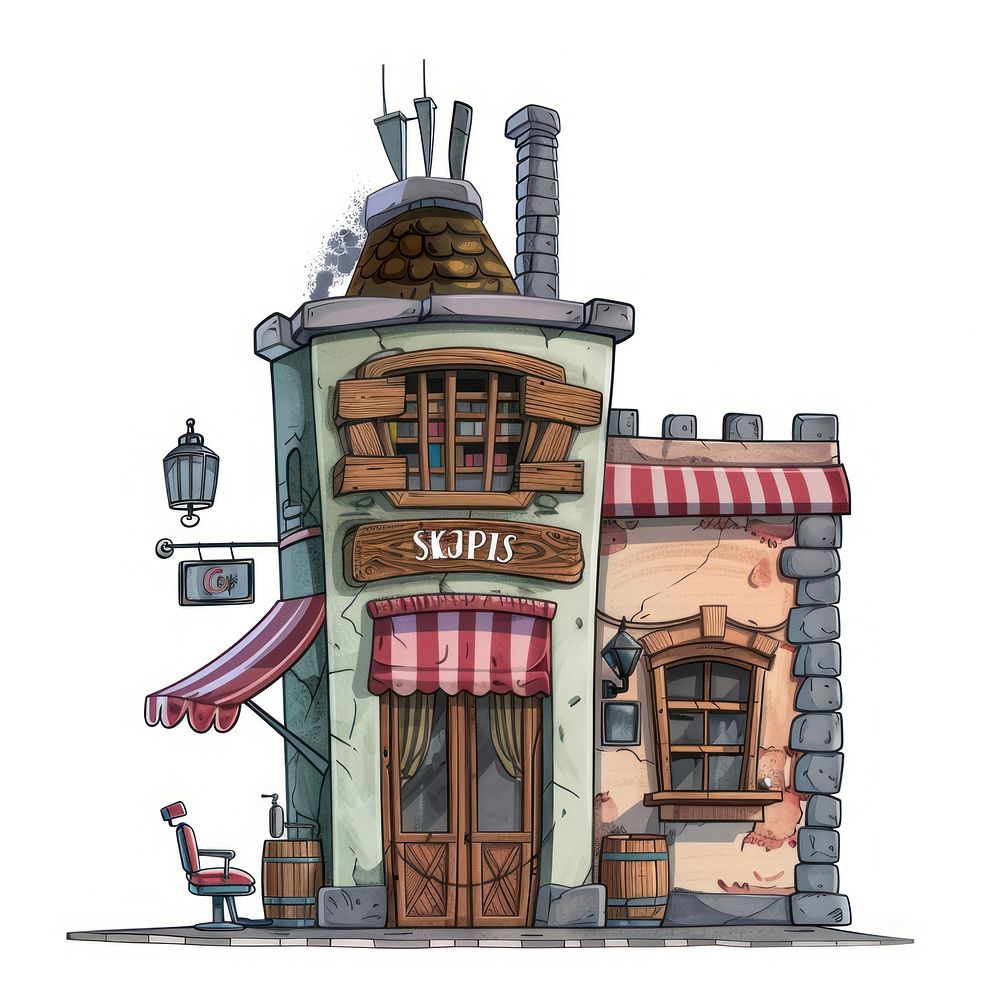 Cartoon of barber shop architecture building city.