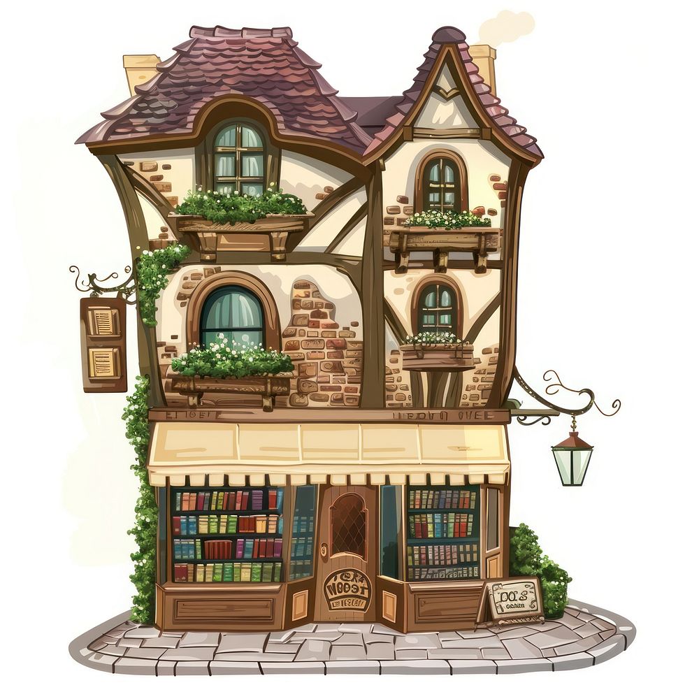 Cartoon of book store architecture building cottage.