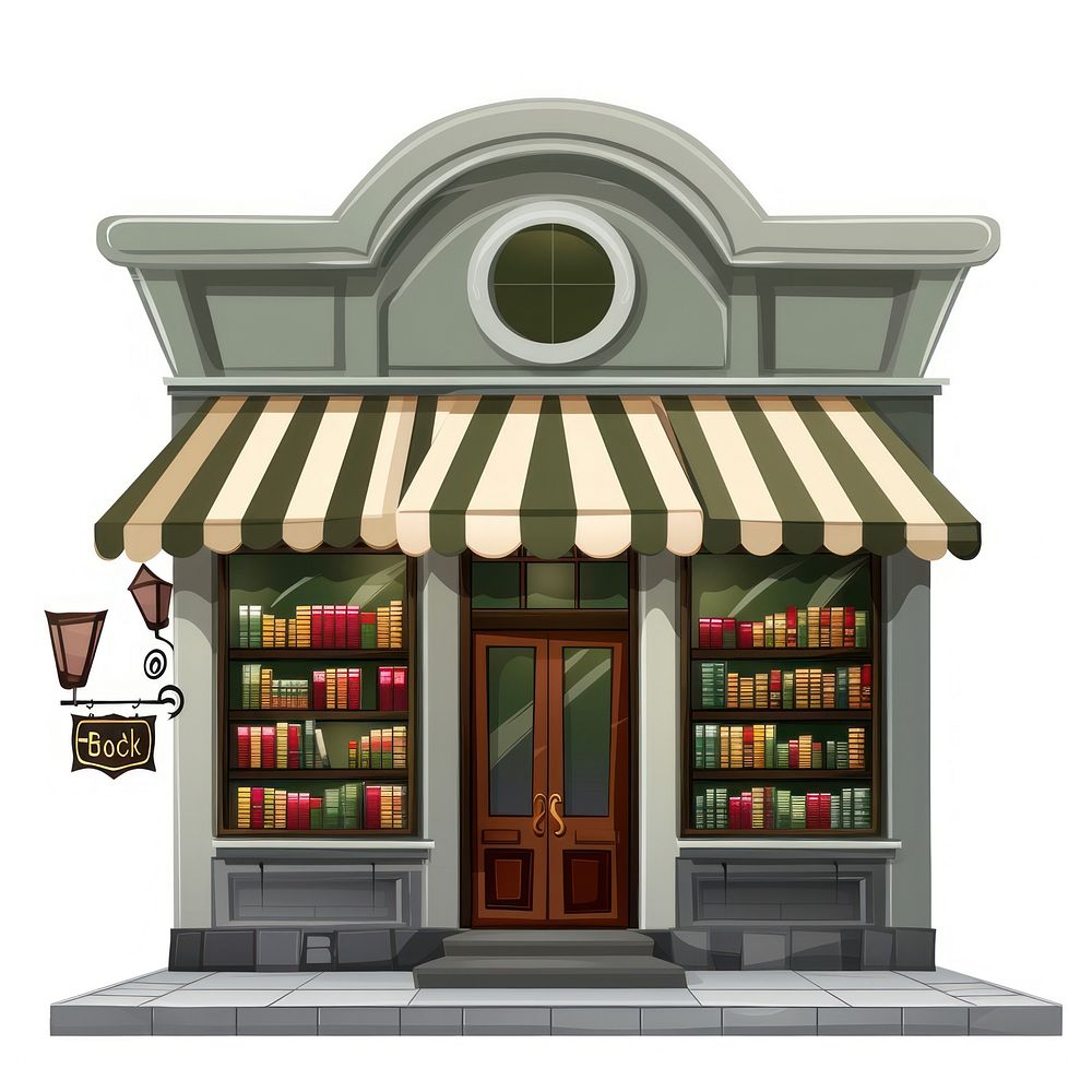 Cartoon of book store architecture building illuminated.