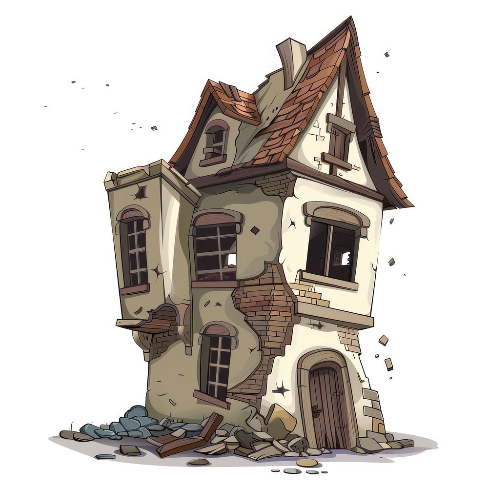 Cartoon of destroy architecture building cottage.