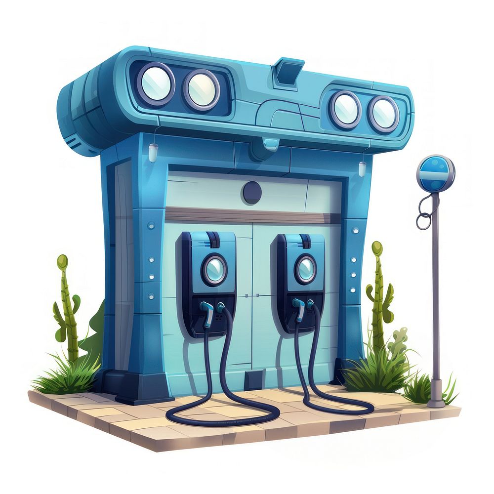 Cartoon of ev charger station architecture technology boombox.