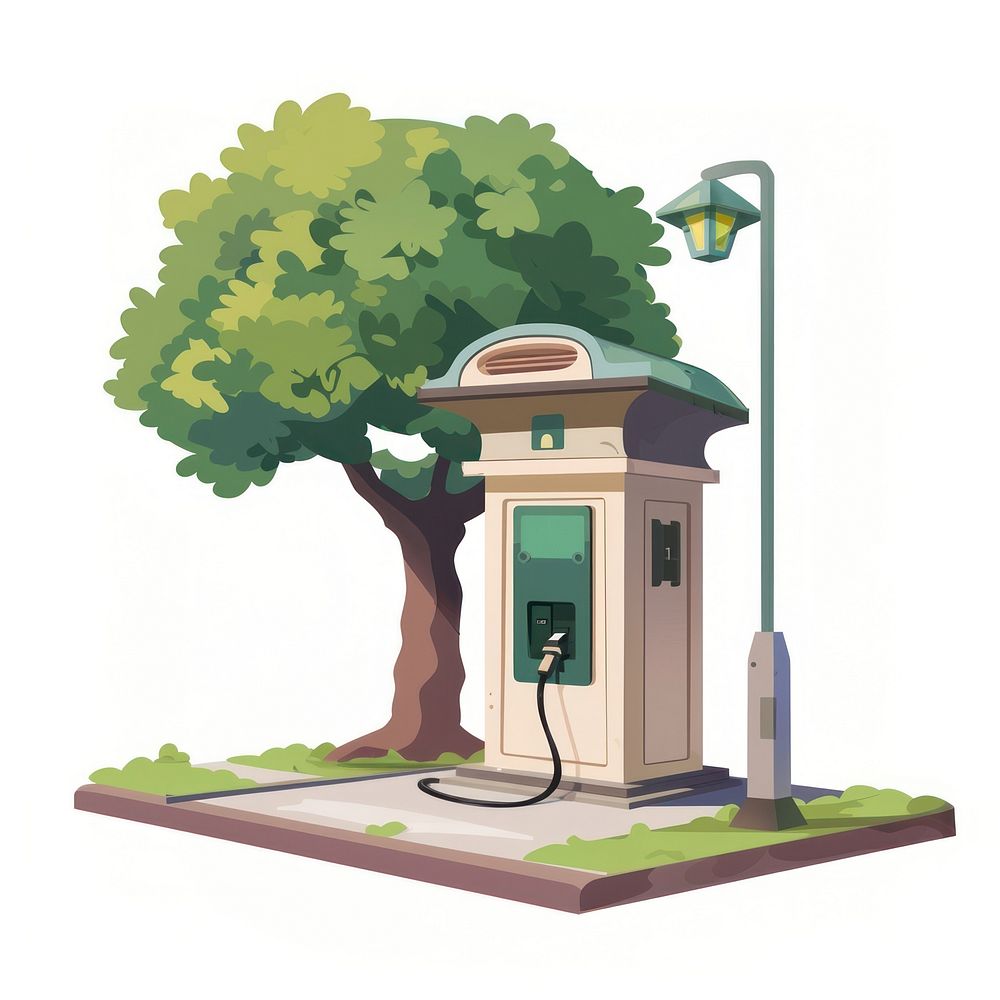 Cartoon of ev charger station architecture convenience technology.