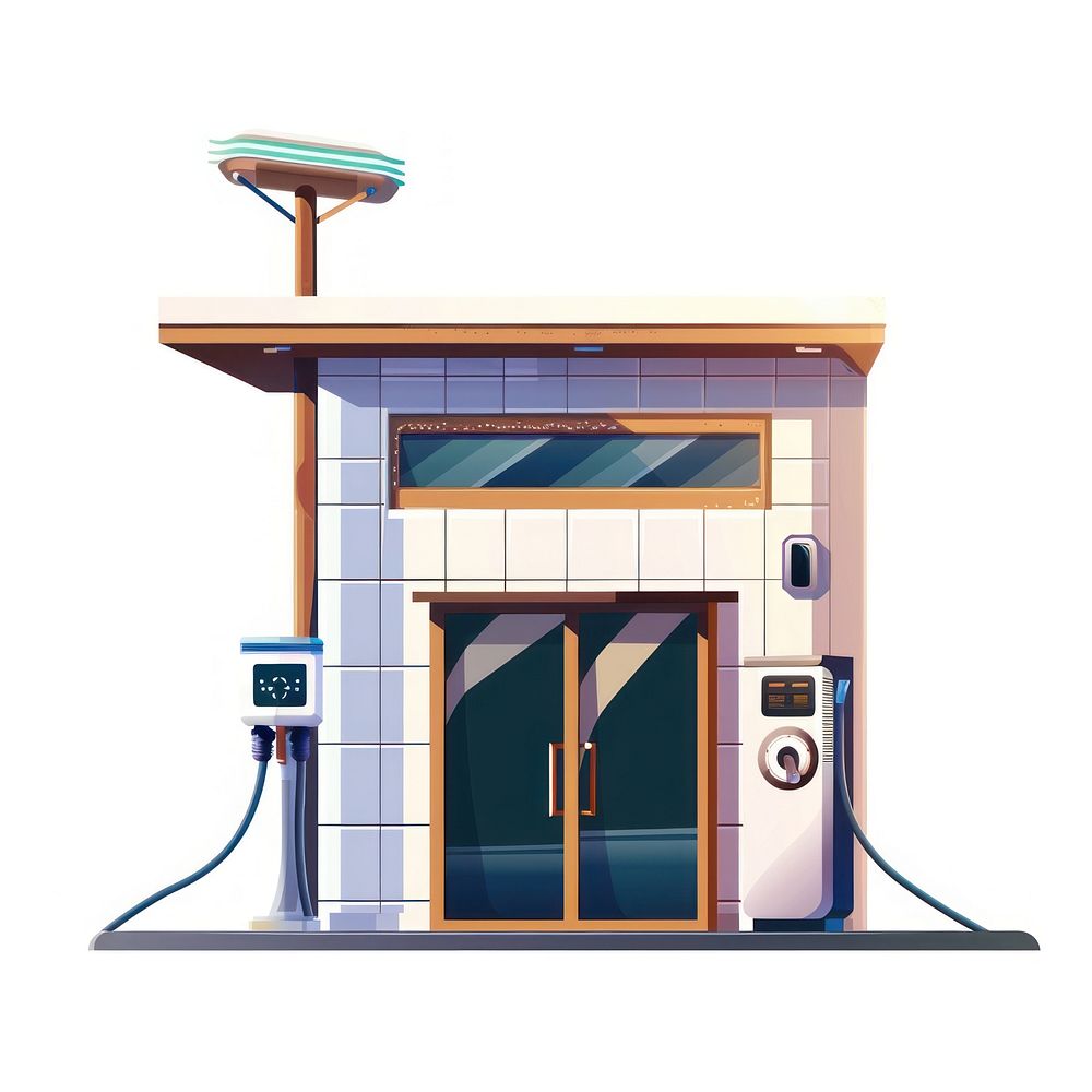 Cartoon of ev charger station architecture building white background.