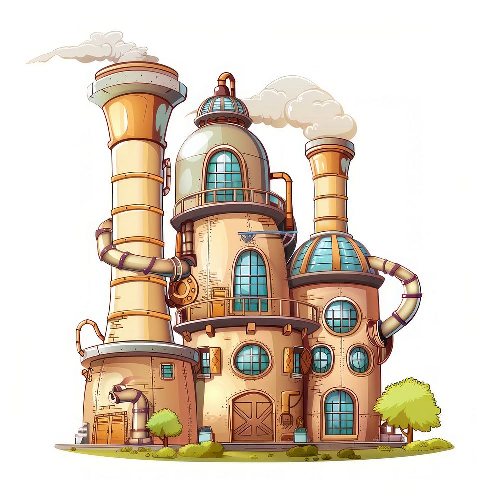 Cartoon of factory architecture building lighthouse.