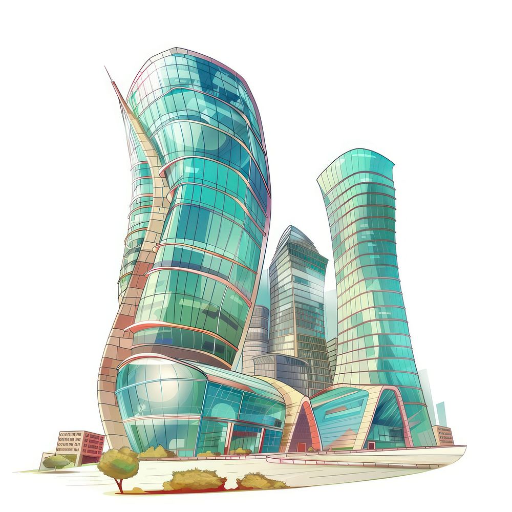 Cartoon of glass buildings architecture skyscraper city.