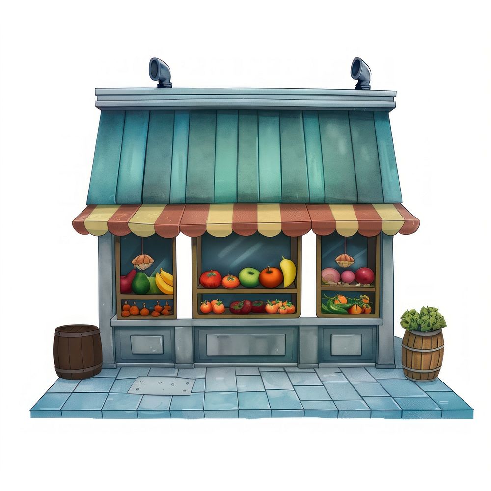 Cartoon of grocery store architecture building food.
