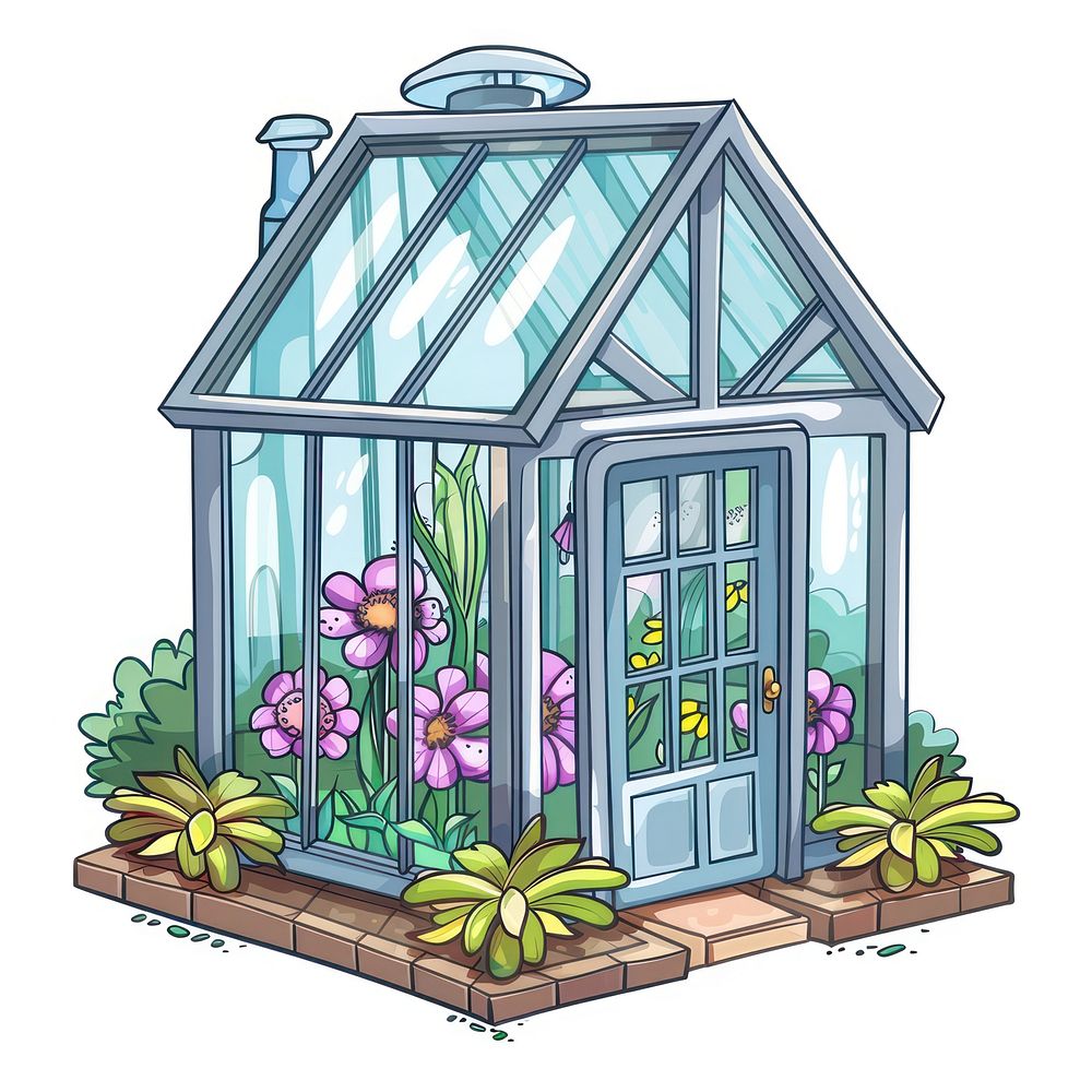 Cartoon of greenhouse architecture building outdoors.