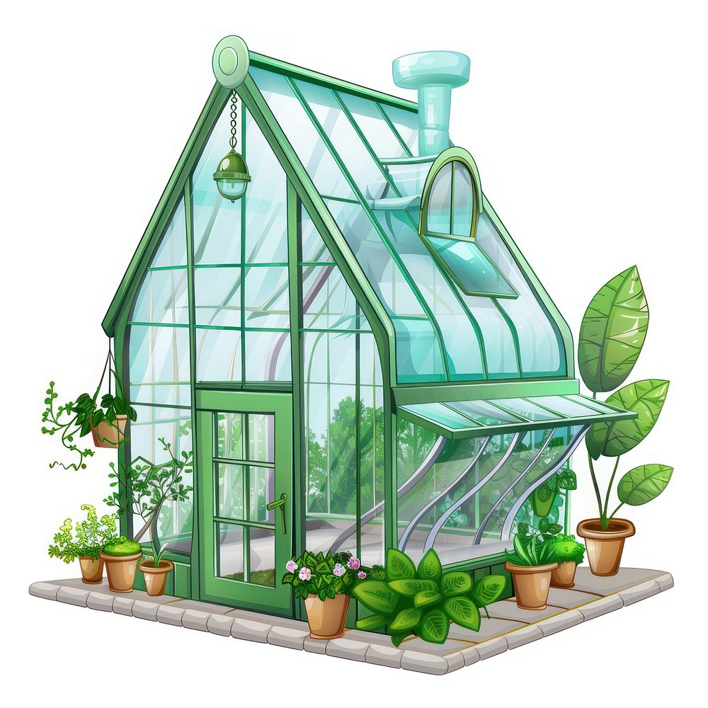 Cartoon of greenhouse architecture building outdoors.