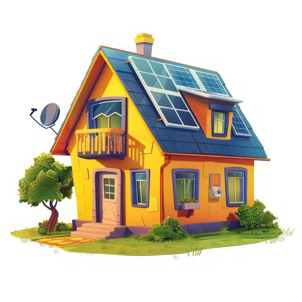 Cartoon of house with solar panel architecture building cottage.