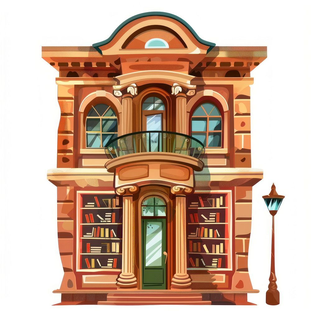 Cartoon of library architecture building window.