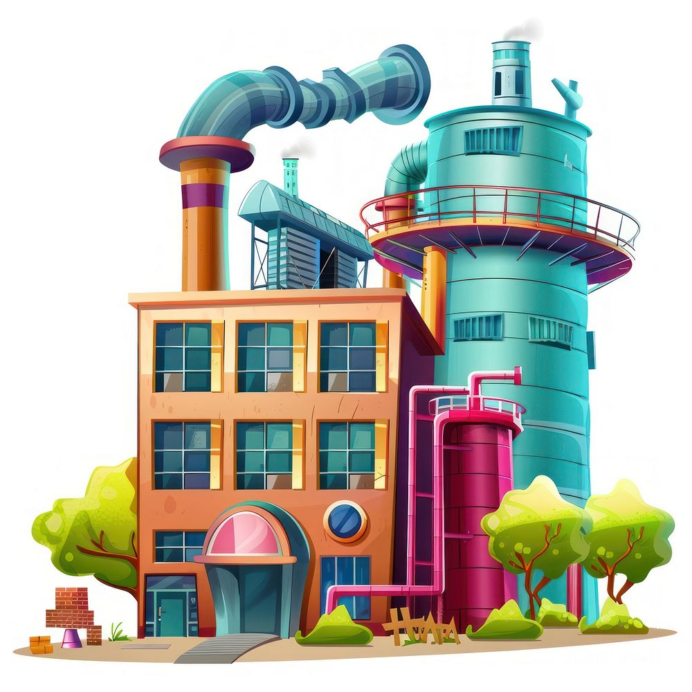 Cartoon of manufacturing factory architecture building outdoors.