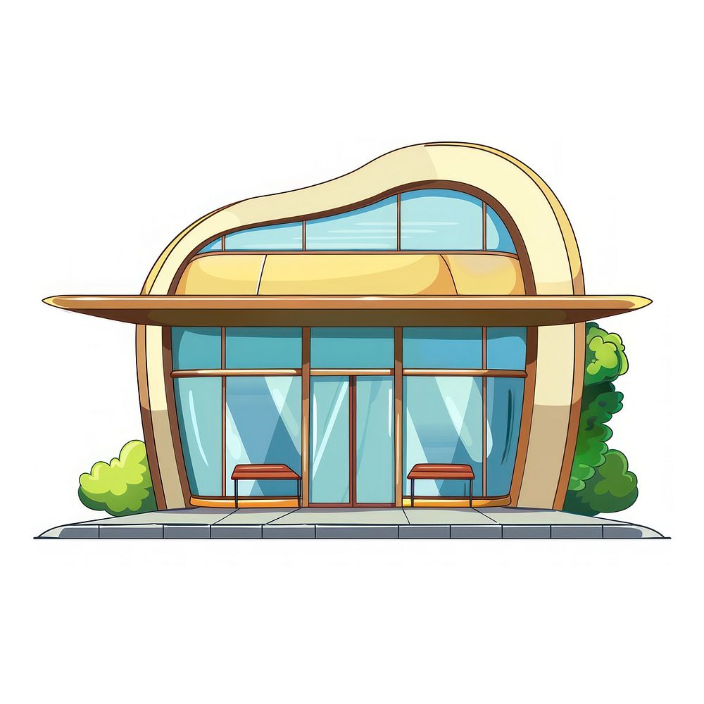 Cartoon of metro station architecture building outdoors.