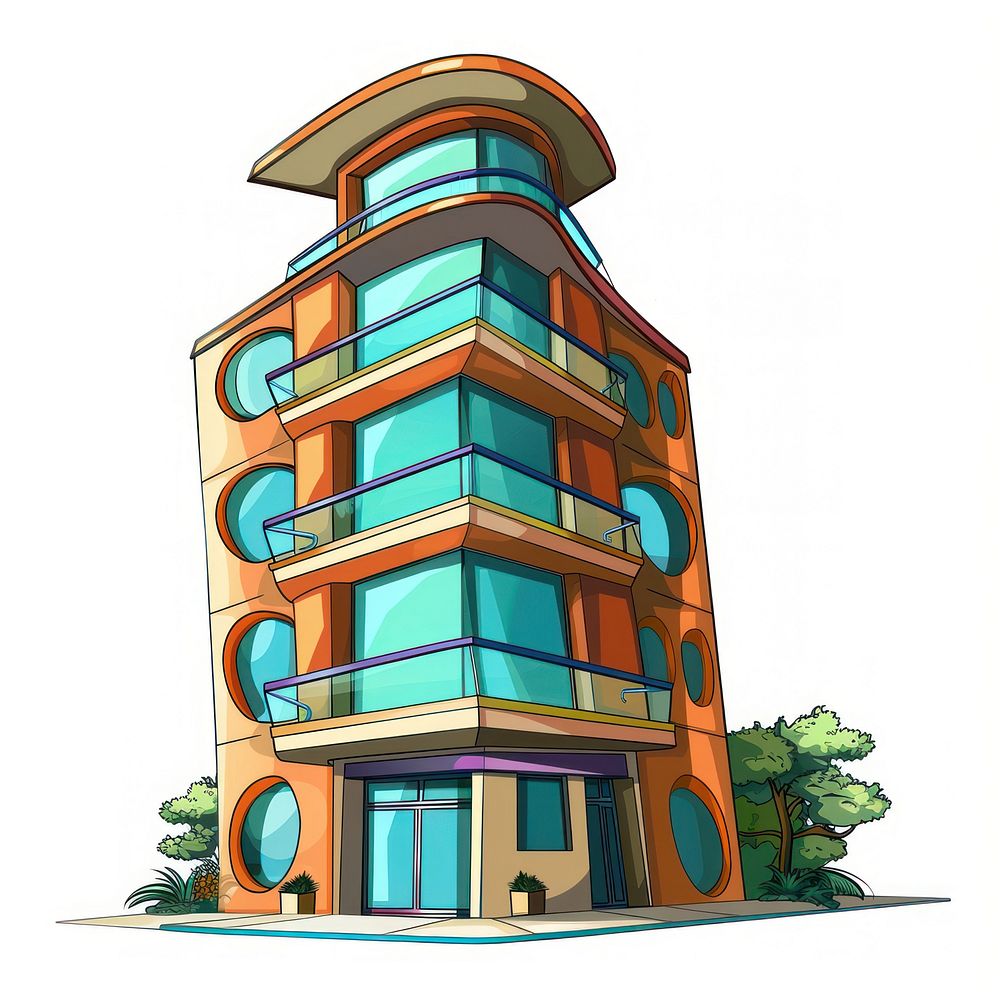 Cartoon of modern architecture building drawing tower.
