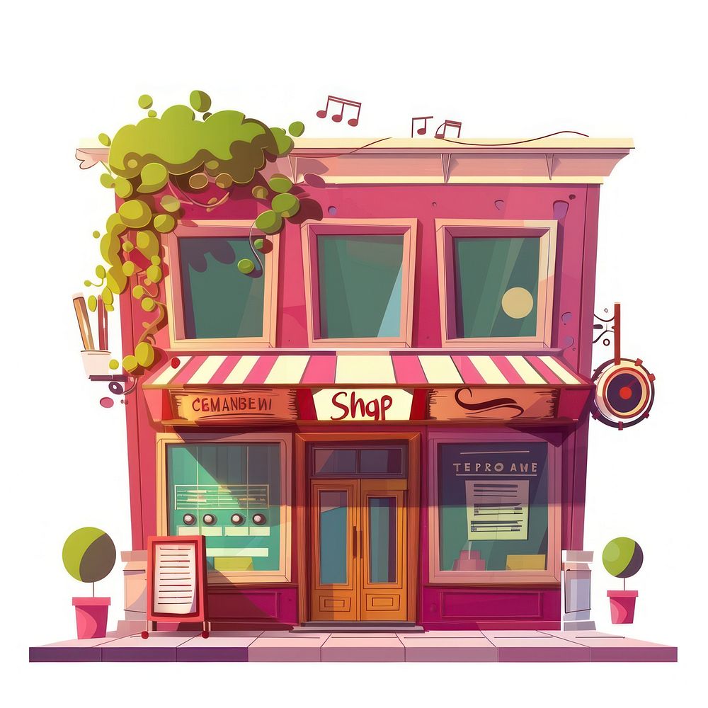 Cartoon of music shop architecture building neighborhood.