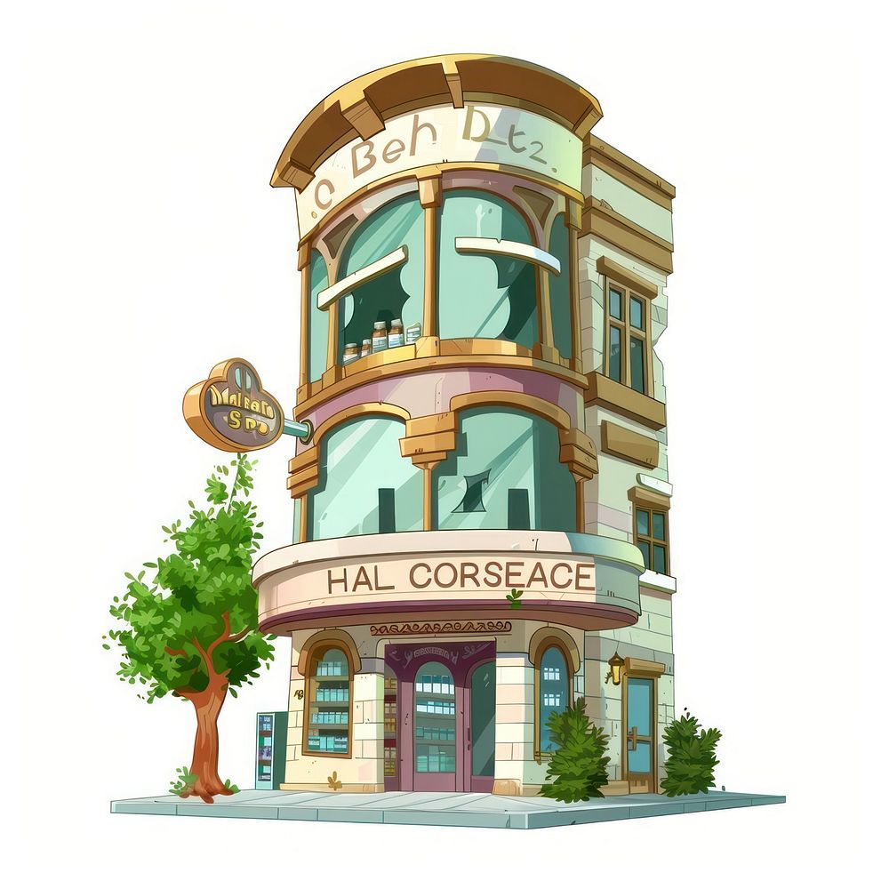 Cartoon of pharmacy architecture building street.