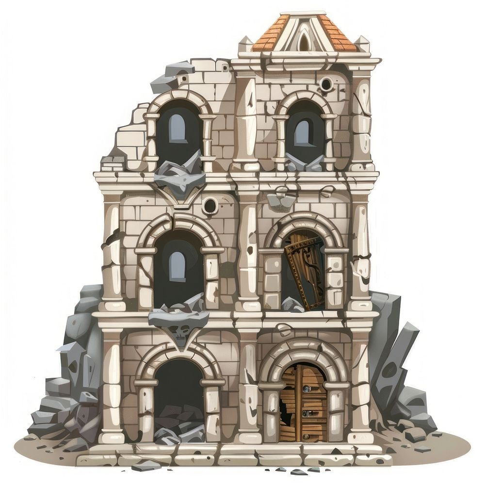 Cartoon of ruins architecture building city.