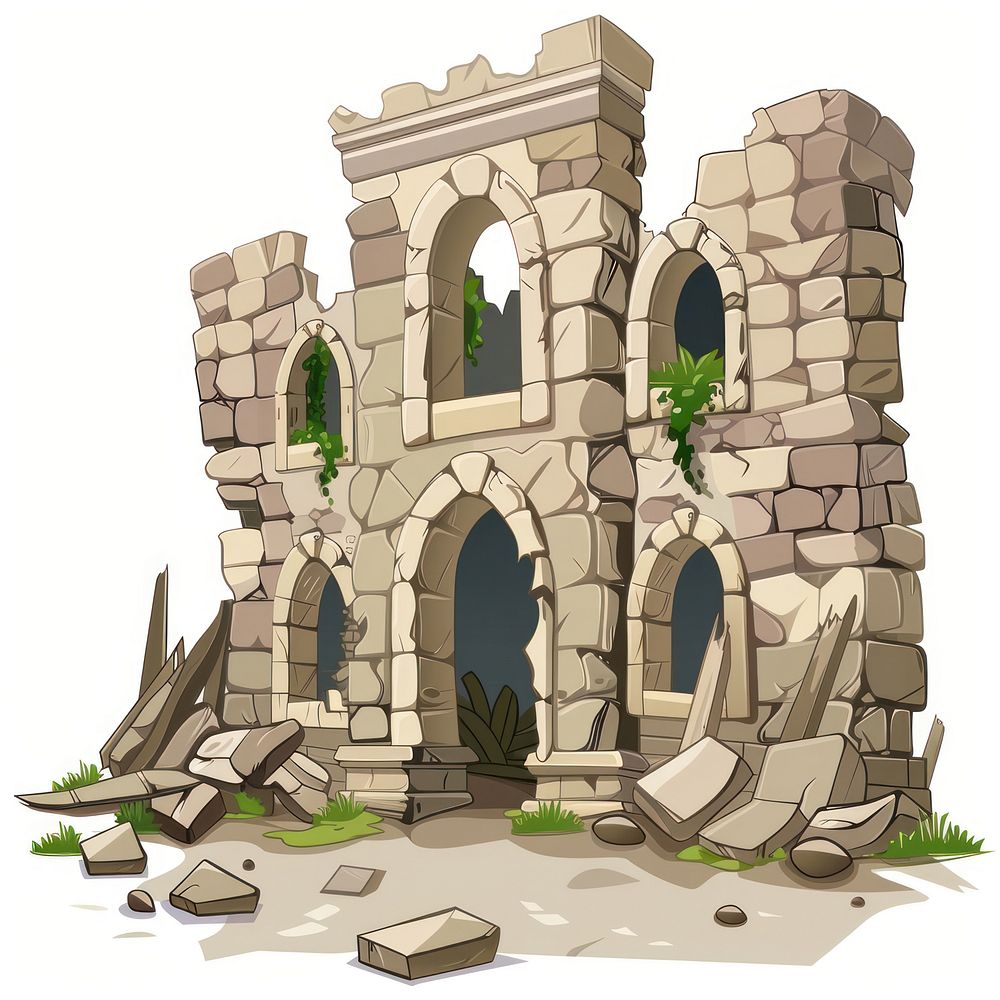 Cartoon of ruins architecture building drawbridge.
