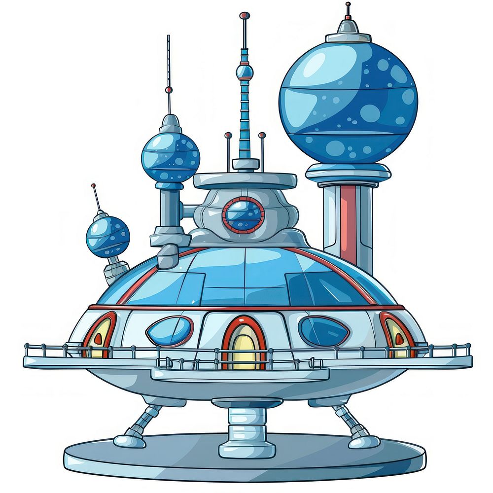 Cartoon of space station architecture building vehicle.
