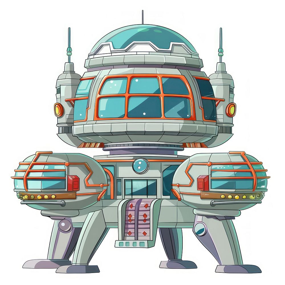 Cartoon of space station architecture building machine.