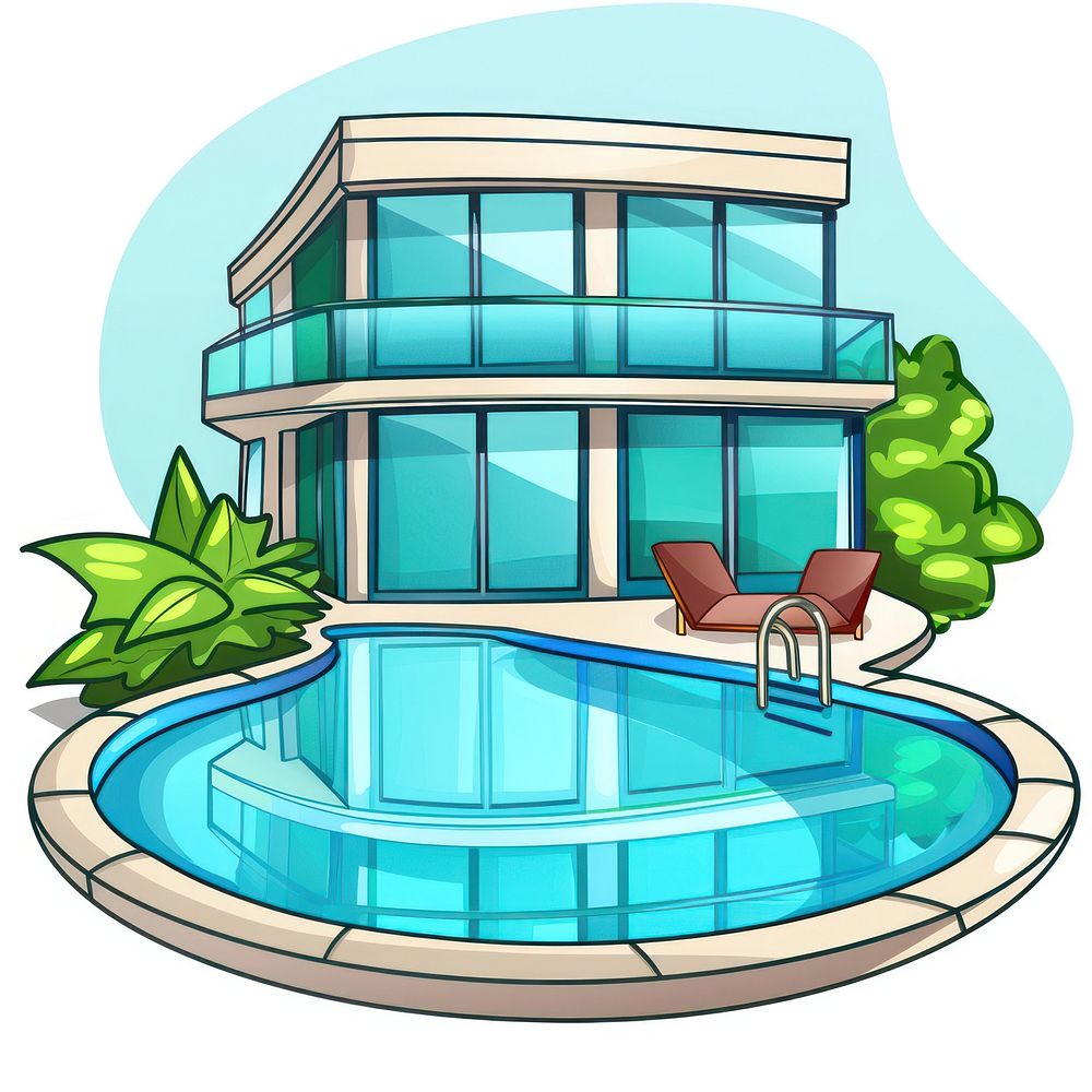 Cartoon of swimming pool architecture building resort.