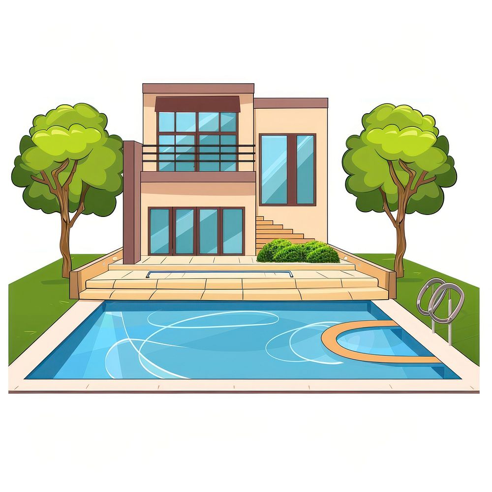 Cartoon of swimming pool architecture building outdoors.