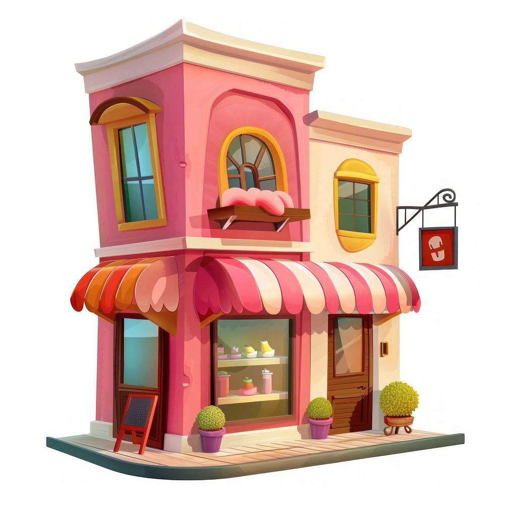 Cartoon of supermarket architecture building dollhouse.