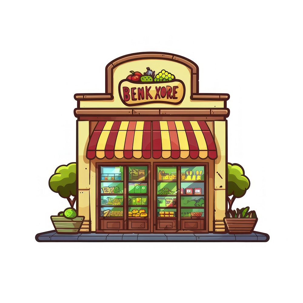 Cartoon of supermarket architecture building outdoors.