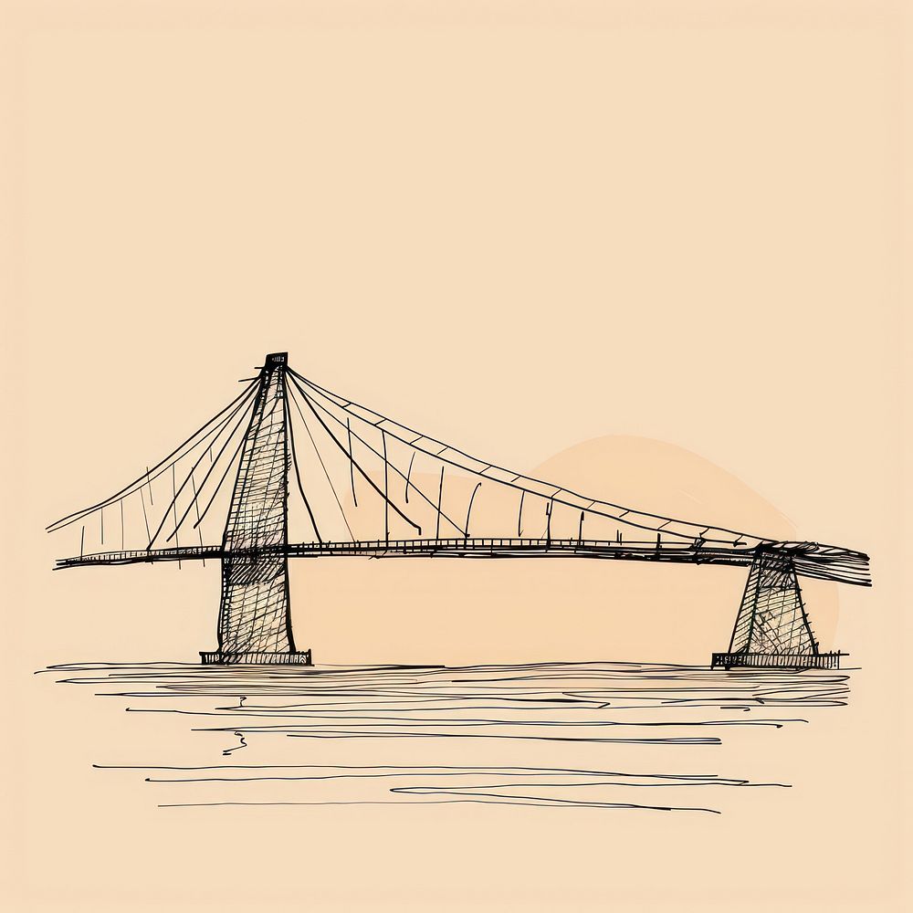 Hand drawn of bridge architecture cartoon drawing.