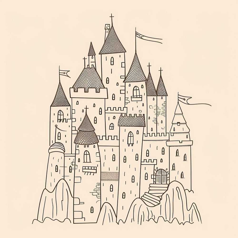 Hand drawn of castle drawing sketch architecture.