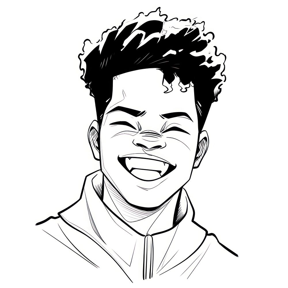 Outline sketching illustration of a big smile african boy drawing cartoon white background.