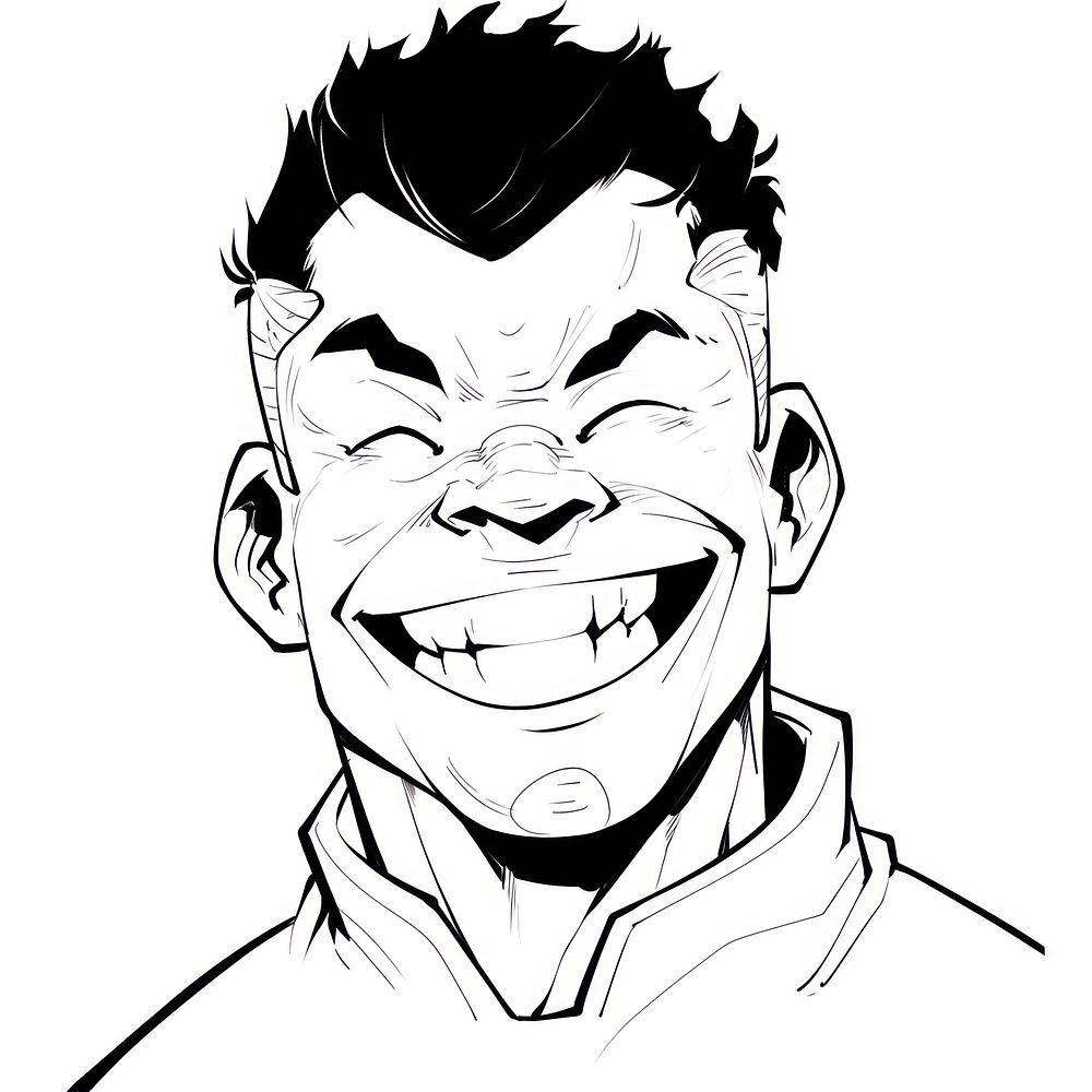 Outline sketching illustration of a big smile senior man drawing cartoon comics.