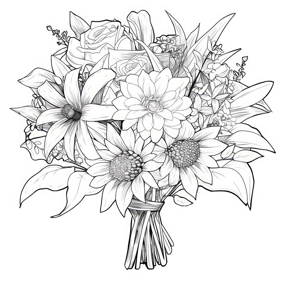 Outline sketching illustration of a flower bouquet cartoon pattern drawing.
