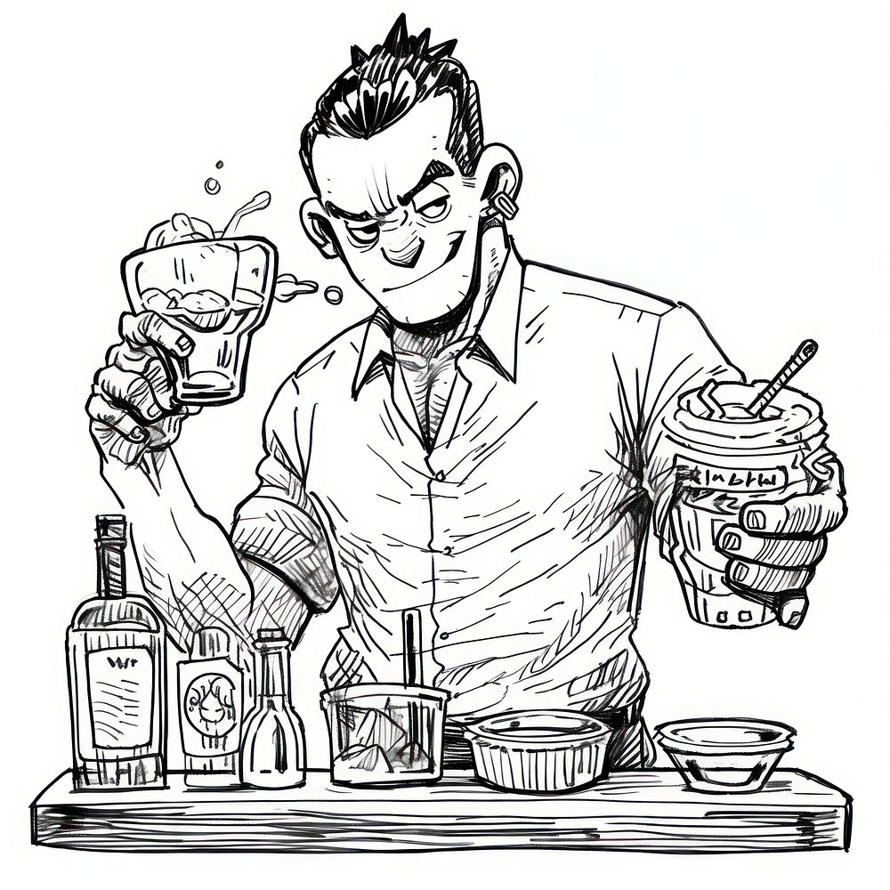Outline sketching illustration of a friendly bartender cartoon drawing adult.
